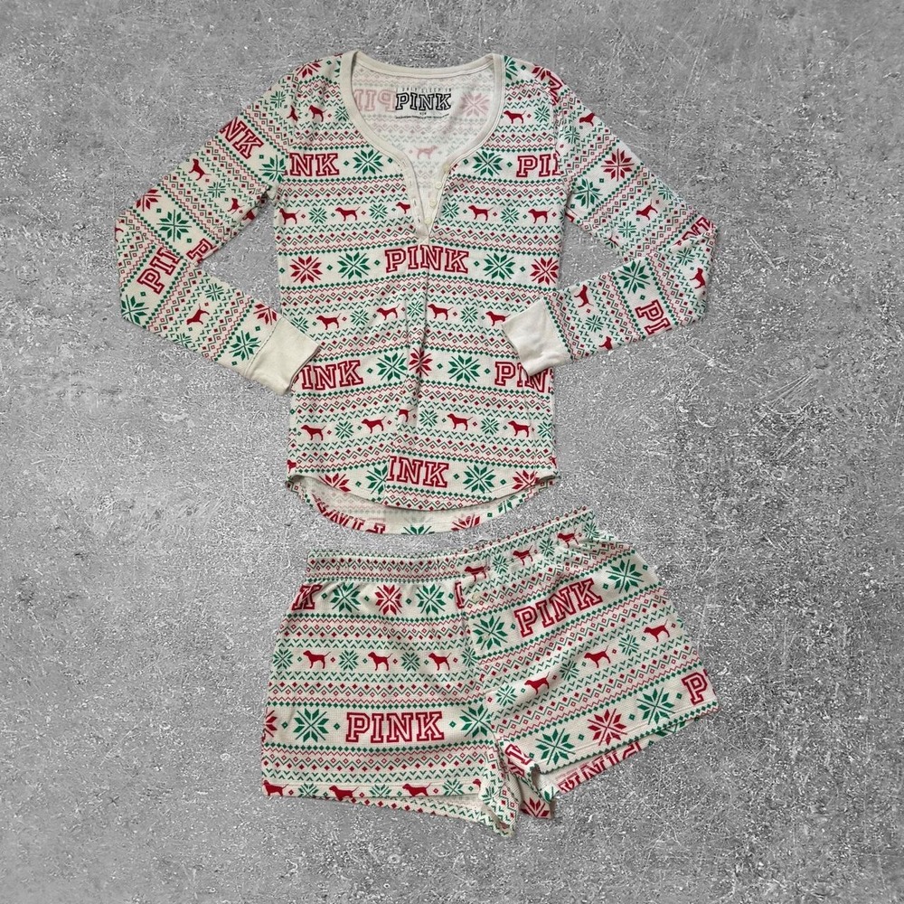 Victoria's Secret PINK Christmas Pajama Set Red Green Fair Isle Reindeer Medium